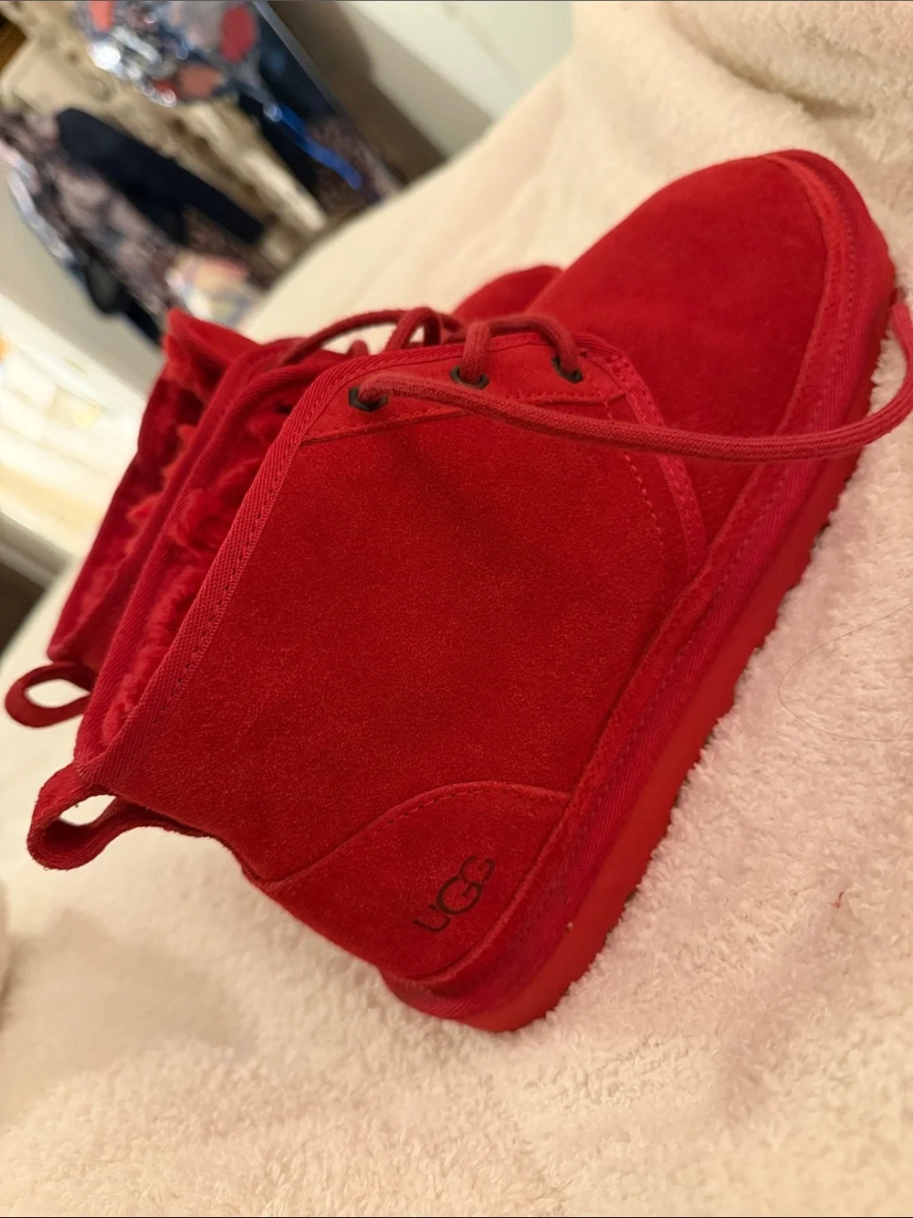 UGG Men’s Red Suede Boat Shoes with Shearling Lining
